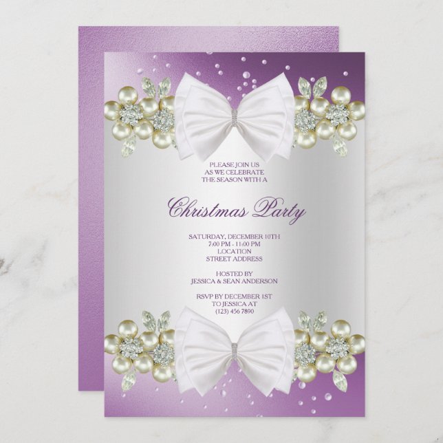 Classy Gems & Bow Purple Christmas Invitation (Front/Back)