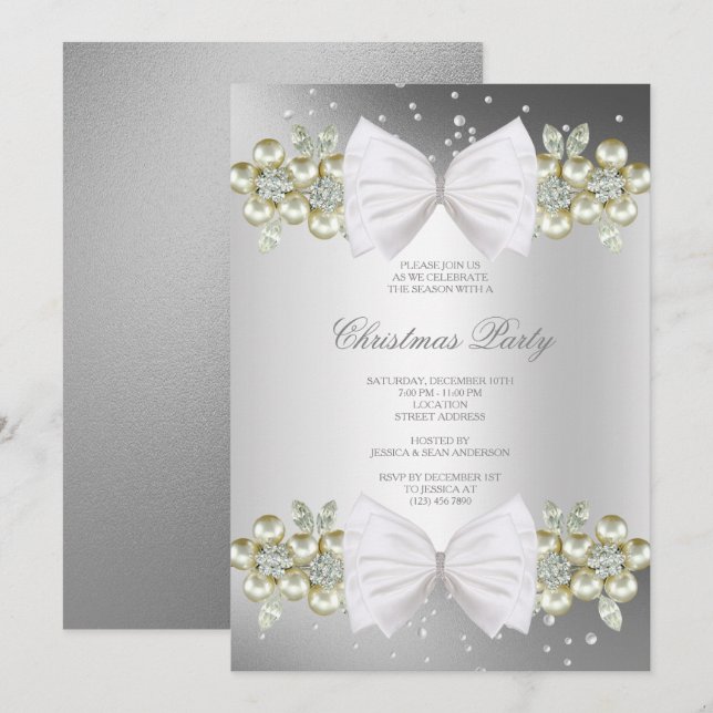 Classy Gems & Bow Silver Christmas Invitation (Front/Back)