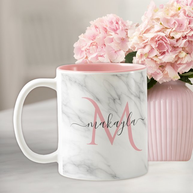 Classy Girly Luxury Marble Design Name Monogram Two-Tone Coffee Mug (Creator Uploaded)