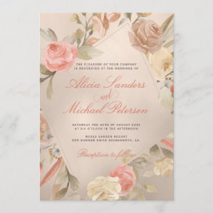 Classy Glam Peach Cream Coral Gold Roses Wedding Invitation