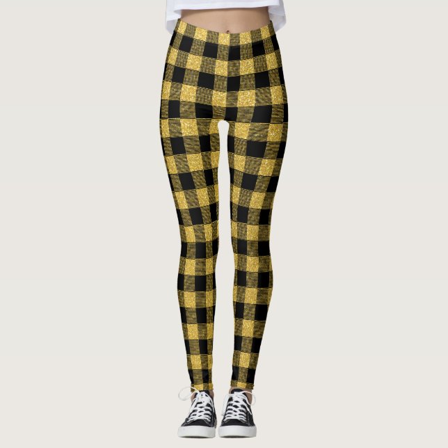 Classy Gold and black Buffalo plaid pattern Leggings (Front)