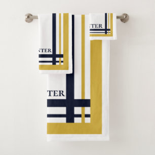Classy Gold and Navy Striped Monogrammed Bath Towel Set