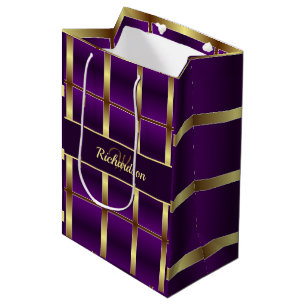 Classy Gold And Purple Checkered Monogrammed Medium Gift Bag