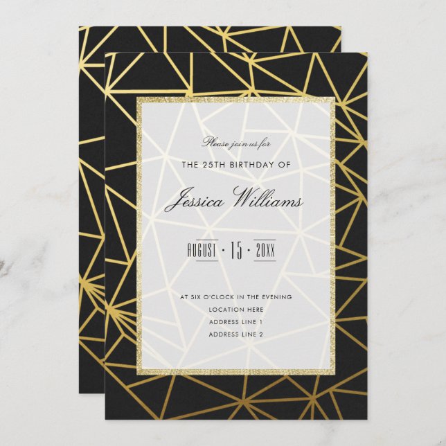 Classy Gold & Black 25th Birthday Party Invitation (Front/Back)