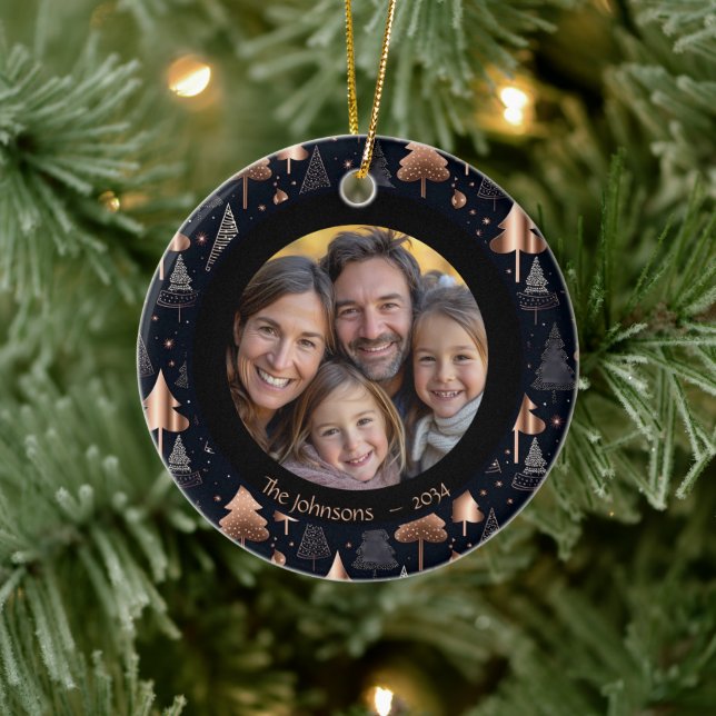 Classy Gold & Black Christmas Tree Family Photo Ceramic Ornament (Tree)