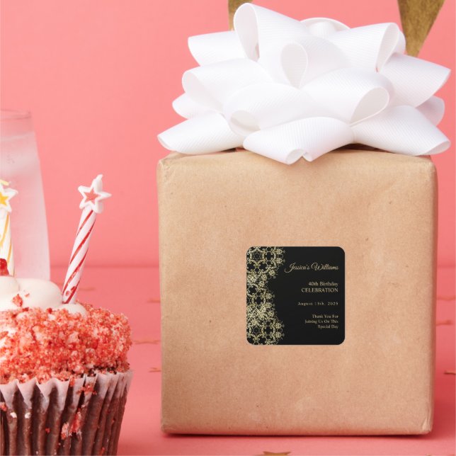 Classy Gold & Black Damask 40th Birthday Square Sticker (Party)