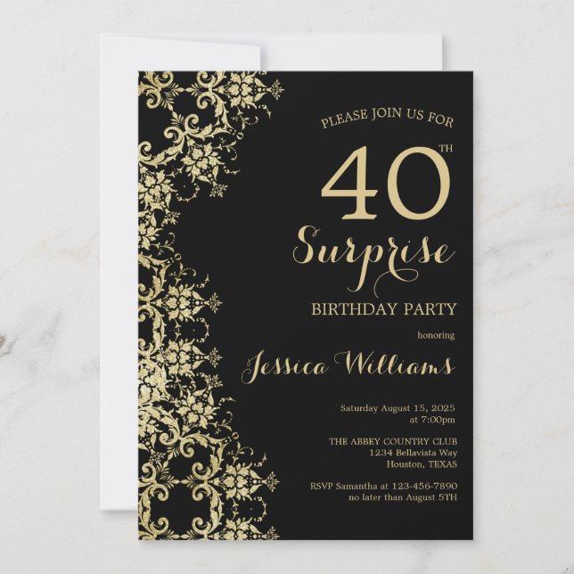 Classy Gold & Black Damask 40th Birthday Surprise Invitation (Front)