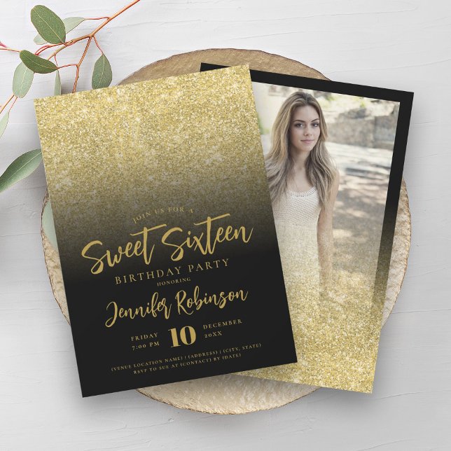 Classy Gold Black Glitter Photo Sweet 16   Invitation (Classy Gold Black Glitter Photo Sweet 16 Invitation)