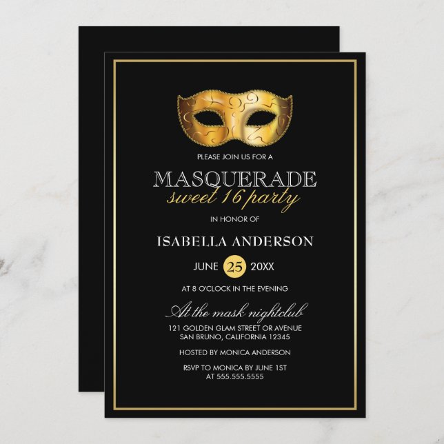 Classy Gold & Black Masquerade Sweet 16 Party Invitation (Front/Back)
