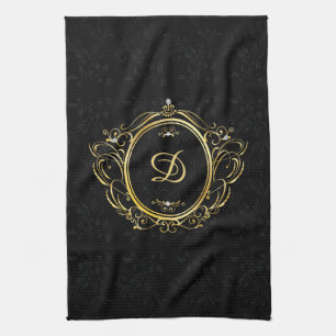 Classy gold black monogram damask design tea towel