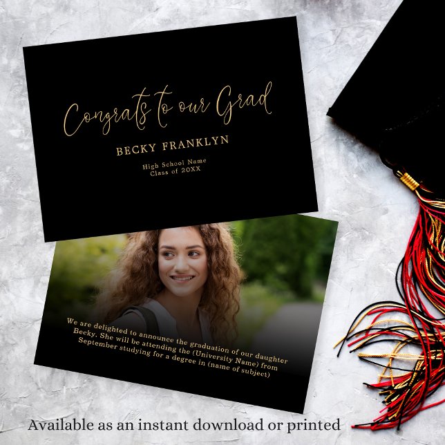 Classy Gold Black Photo Overlay Script Graduation Announcement (Creator Uploaded)