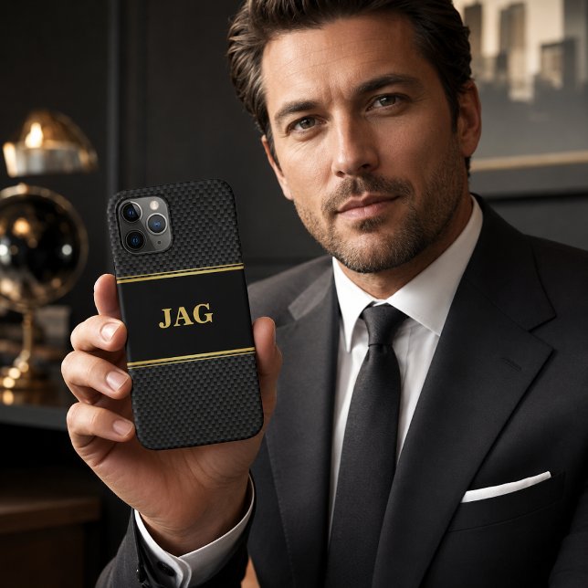 Classy Gold Black Textured Monogram Case-Mate iPhone Case (Creator Uploaded)
