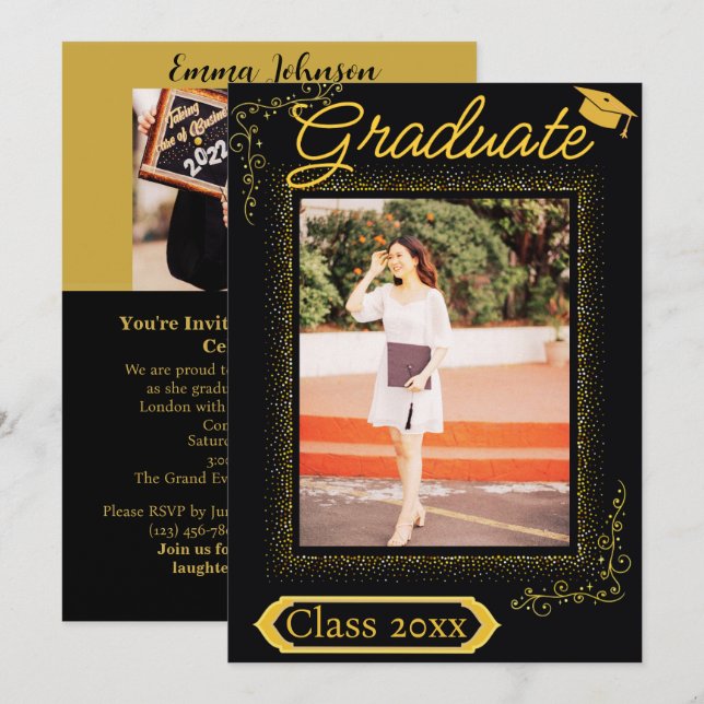 Classy Gold & Black Vertical Photo Graduation  Invitation (Front/Back)