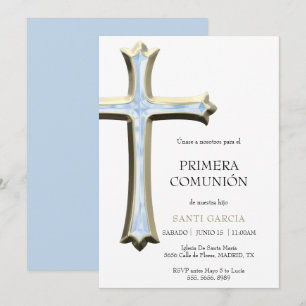 Classy Gold & Blue Cross Comunión Invitation