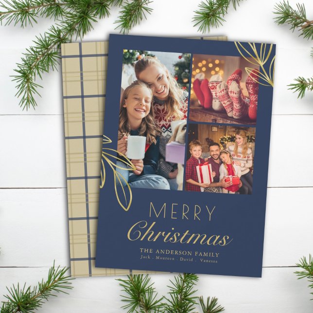 Classy Gold Blue Plaid Script 3 Family Photos Holiday Card (Classy Blue Gold 3 Family Photo Collage Merry Christmas Calligraphy Christmas Card)