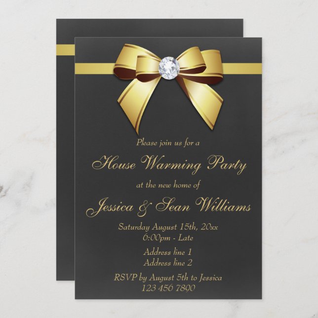 Classy Gold Bow House Warming Party Invitation (Front/Back)