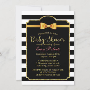 Classy Gold Bow Tie Modern Stripes Baby Shower Invitation