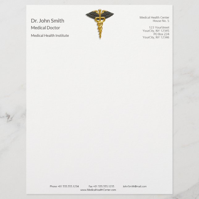 Classy Gold Caduceus Elegant Medical Black Wings Custom Letterhead (Front)