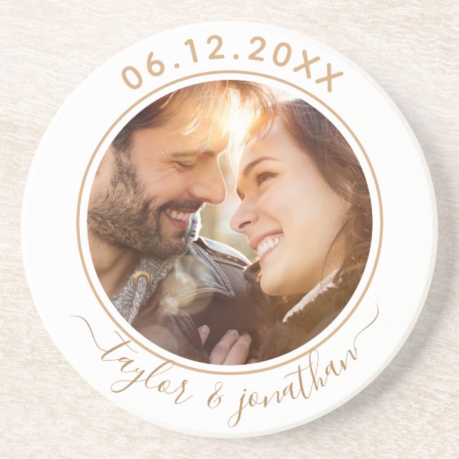 Classy Gold Chic Modern Wedding Personalised Photo Coaster (Front)