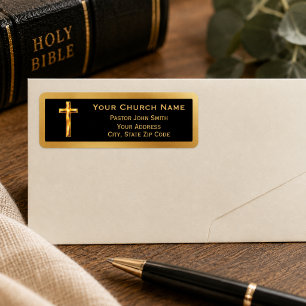 Classy Gold Cross Black Velvet Envelope Return Address Label