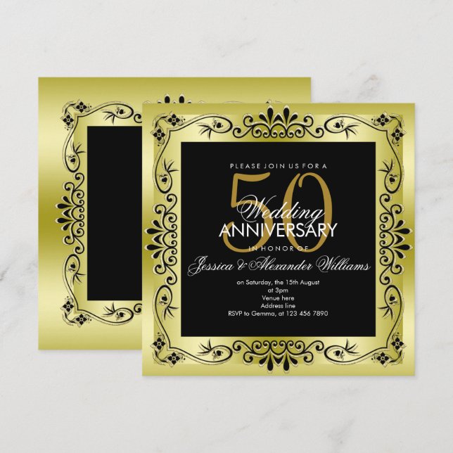 Classy Gold Decorative Framed 50th Wedding Invitation (Front/Back)