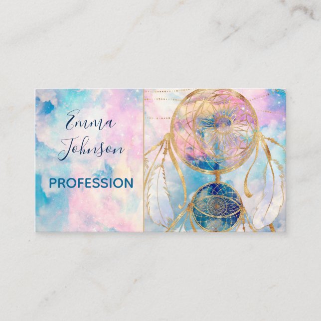 Classy Gold dreamcatcher Rainbow Clouds Sky design Business Card (Front)