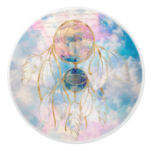 Classy Gold dreamcatcher Rainbow Clouds Sky design Ceramic Knob