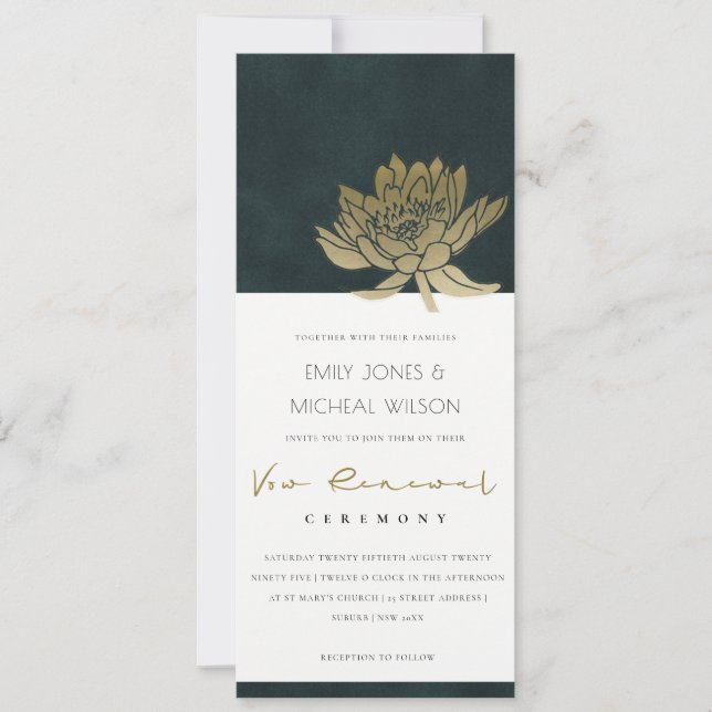 CLASSY GOLD EMERALD GREEN LOTUS FLORAL VOW RENEWAL INVITATION (Front)