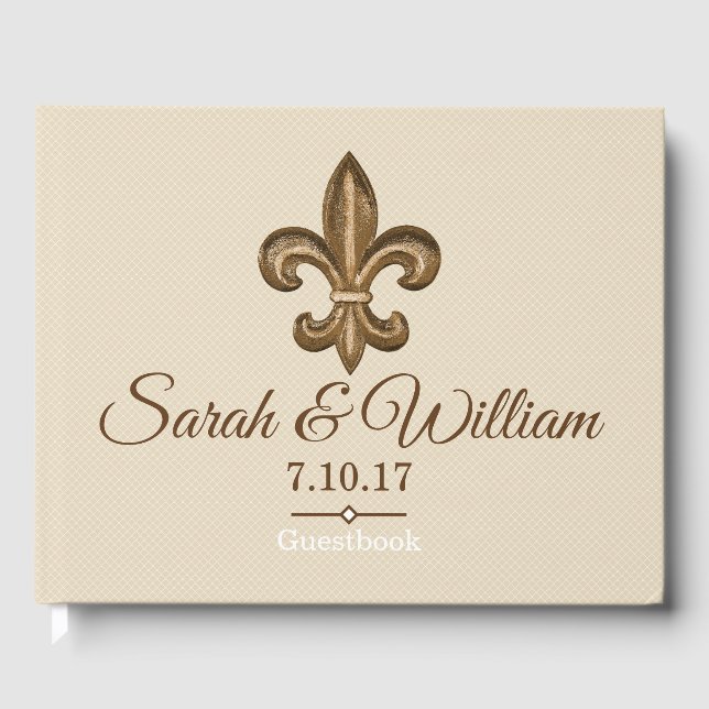 Classy Gold Fleur de Lis & Taupe | Personalised Guest Book (Front)