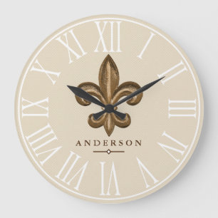 Classy Gold Fleur de Lis & Taupe   Personalised Large Clock