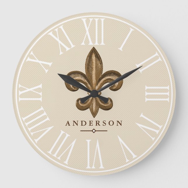 Classy Gold Fleur de Lis & Taupe | Personalised Large Clock (Front)