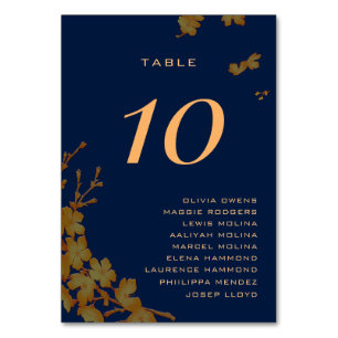 Classy Gold Floral Navy blue Guest Names  Table Number
