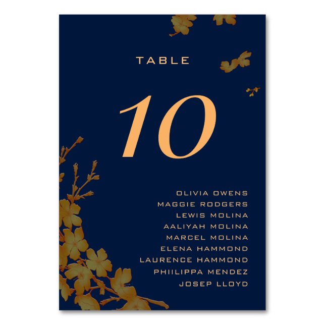 Classy Gold Floral Navy blue Guest Names  Table Number (Front)