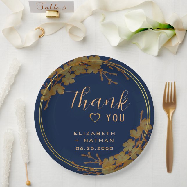 Classy Gold Floral Navy Blue Paper Plate (Wedding)