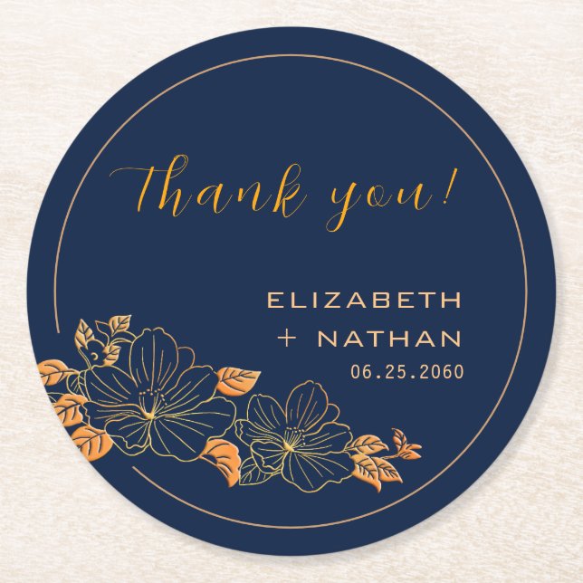 Classy Gold Floral Navy Blue Thank You Gift Round Paper Coaster (Front)