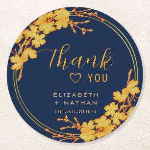 Classy Gold Floral Navy Blue Wedding Thank You Round Paper Coaster