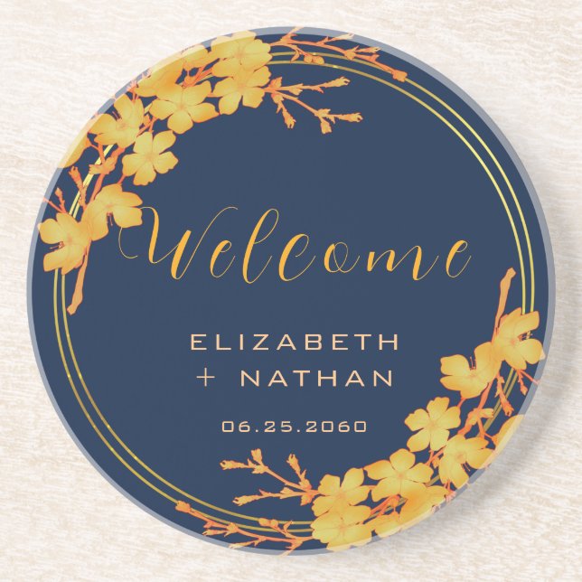 Classy Gold Floral Navy Blue Wedding Welcome Coaster (Front)