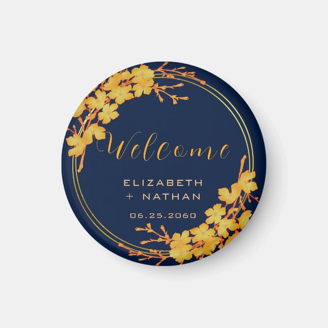 Classy Gold Floral Navy Blue Wedding welcome Magnet (Front)
