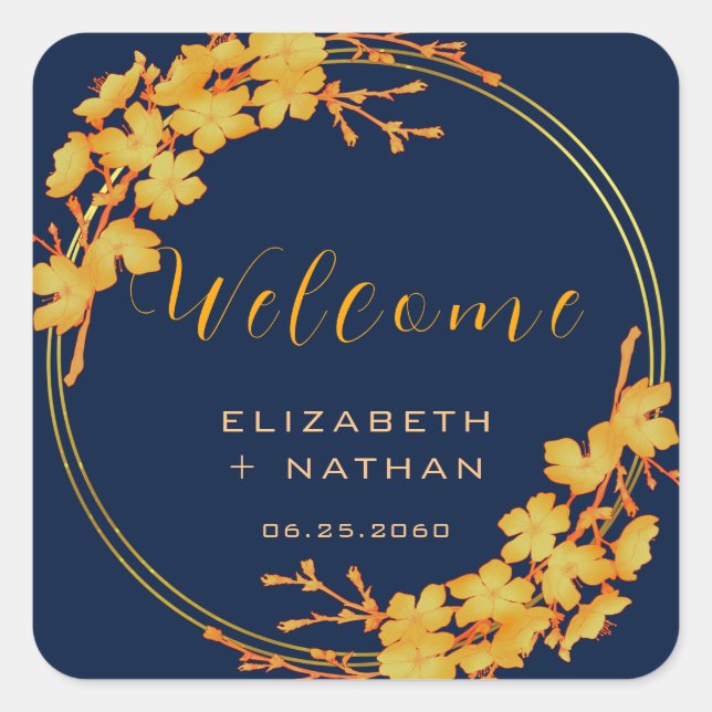 Classy Gold Floral Navy Blue Wedding Welcome Square Sticker (Front)