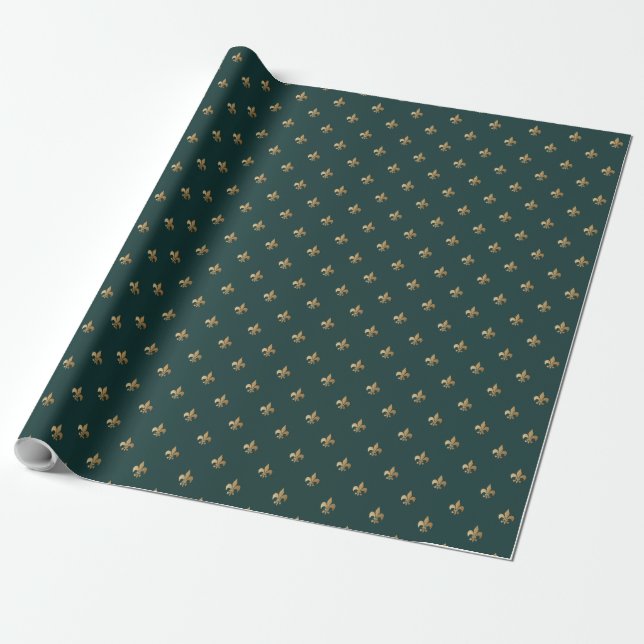 Classy gold foil fleur de lis on royal green wrapping paper (Unrolled)