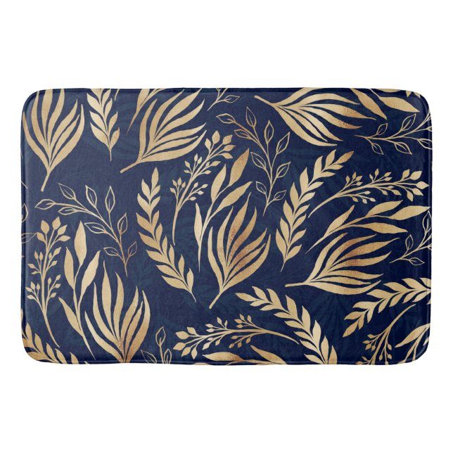 Classy Gold Foliage Botanical Blue Design Bath Mat (Front)