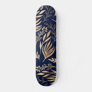 Classy Gold Foliage Botanical Blue Design Skateboard