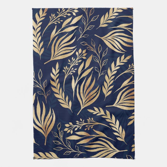 Classy Gold Foliage Botanical Blue Design Tea Towel (Vertical)