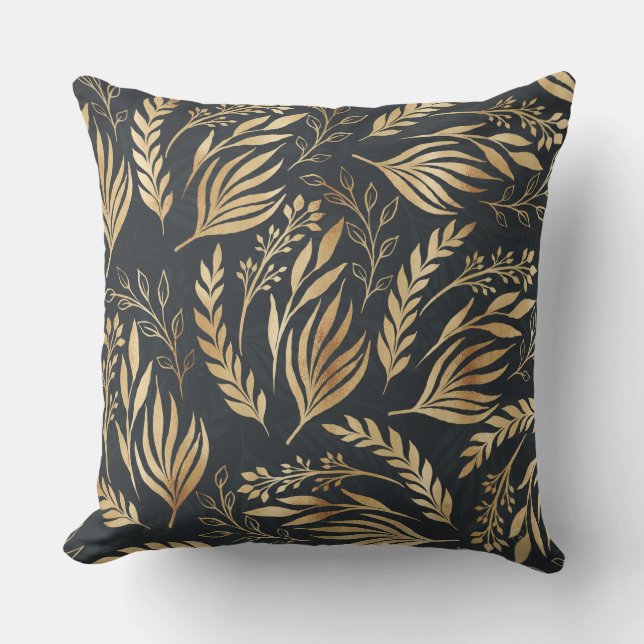 Classy Gold Foliage Botanical Grey Design Cushion (Front)