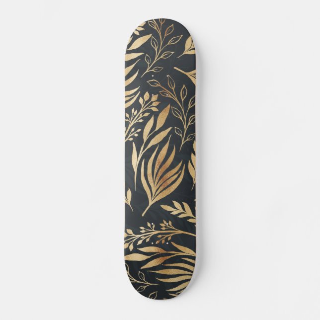 Classy Gold Foliage Botanical Grey Design Skateboard (Front)