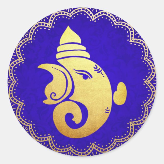 Classy Gold Ganapati Indian Hindu God Blue Classic Round Sticker (Front)
