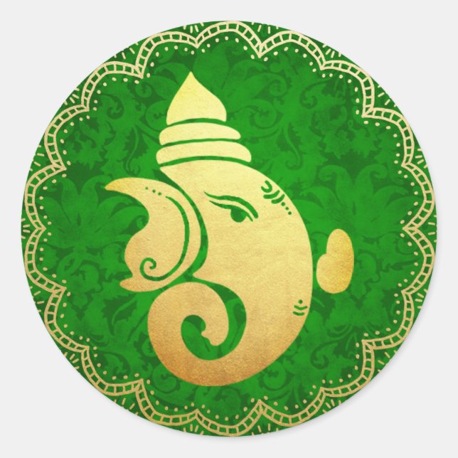 Classy Gold Ganapati Indian Hindu God Green Classic Round Sticker (Front)