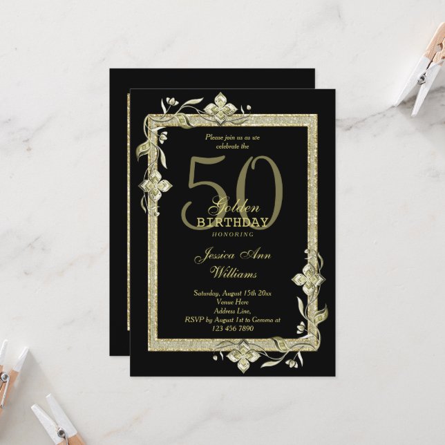 Classy Gold Gem & Glitter 50th Golden Birthday  Invitation (Front/Back In Situ)
