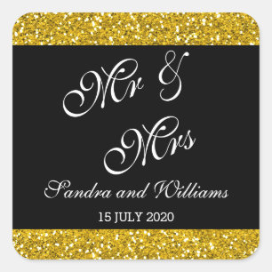 Classy Gold Glitter and Black Mr & Mrs Wedding Square Sticker