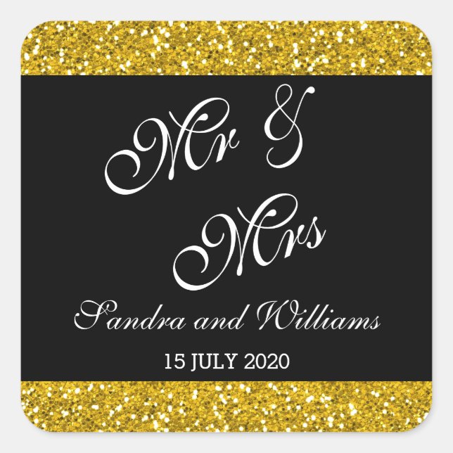 Classy Gold Glitter and Black Mr & Mrs Wedding Square Sticker (Front)